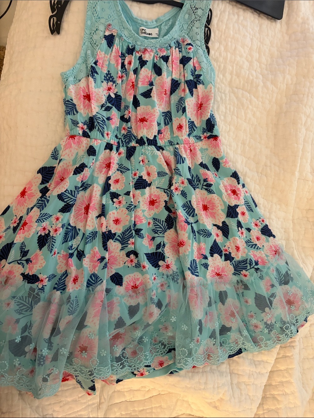 Epic threads Aqua Floral Lace-Trim Sundress with Pink and Navy Blooms